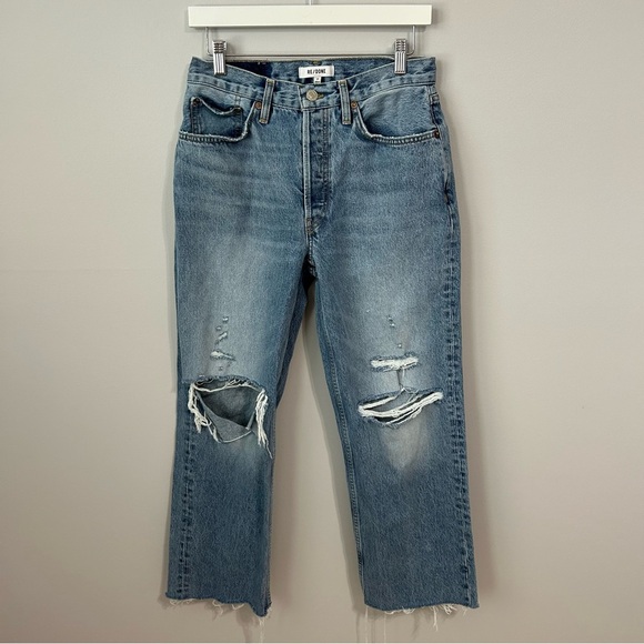 RE/DONE Light Blue Denim Distressed Wide Leg Cropped Jeans Women’s Size 27” - Picture 1 of 4